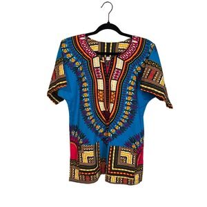 Dashiki Tunic Top Blue African Print Cotton V-Neck Small Front Pockets